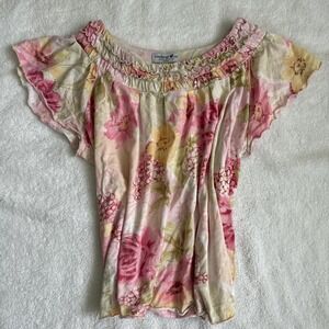 cottage core pink floral babydoll top with ruffle sleeves